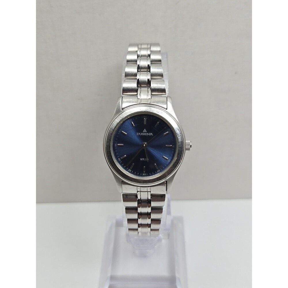 Womens Dugena WR 50 1907 Blue Sunburst Dial Silver Tone Quartz Watch New Battery